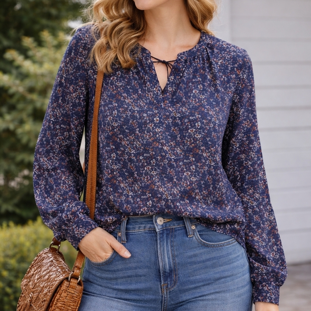 Lucky Brand Navy Boho Floral Peasant Blouse | Long Sleeve | Size M